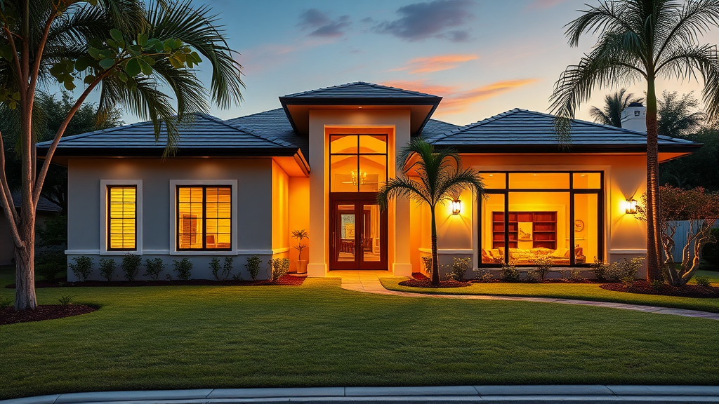 Residential house in Lehigh Acres, Florida with lush landscaping.